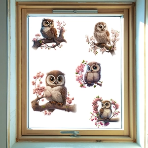 Self-adhesive wall stickers with owls perched on pink cherry blossom branches