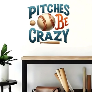 Detailed view of 'PITCHES BE CRAZY' baseball theme self-adhesive wall stickers for home decor