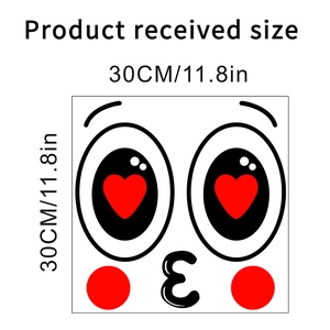 Size chart showing heart-eye emoji wall sticker with dimensions 30cm or 11.8 inches