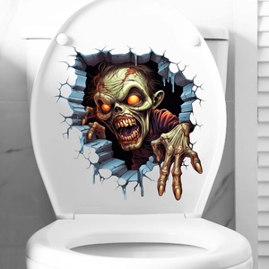 Detailed 3D wall-breaking zombie decal with glowing eyes on a white toilet lid