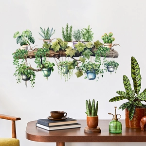 Detail showing self-adhesive wall stickers of potted plants on a wooden log branch