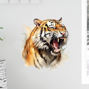 Detail view showing watercolor style roaring tiger wall sticker on a light gray room background