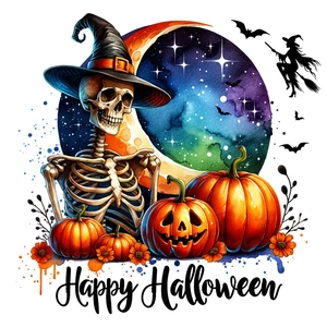 Macro detail of watercolor Halloween sticker with skull, pumpkins, and bats on white background