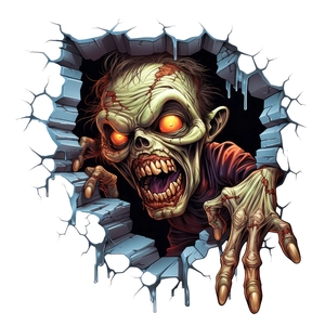 Macro detail of 3D zombie wall sticker bursting through blue bricks for Halloween