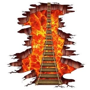 3D wall sticker featuring a wooden bridge over lava abyss with depth effect