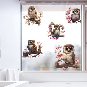 Detailed view of 5 cute cartoon owls on pink cherry blossom branches wall stickers decoration
