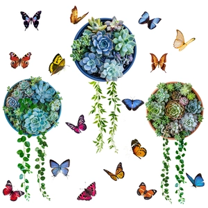 Adesivi murali impermeabili con cesti di succulente e farfalle colorate decor