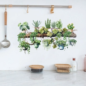Watercolor potted plants wall decal featuring hanging greenery on a realistic wood branch