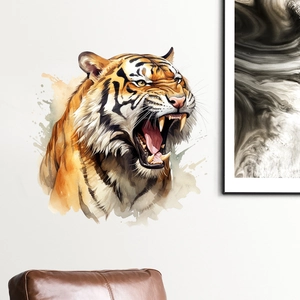 Realistic watercolor tiger head wall sticker on white wall in living room decor