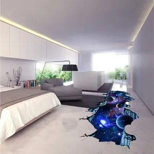 3D outer space floor sticker with galaxy stars and realistic cracked earth effect