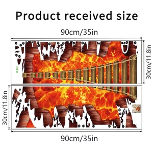 Detail showing 3D wall sticker dimensions 90x30cm with broken wood bridge and lava design