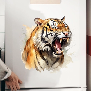 Macro view of watercolor tiger wall sticker applied on a white surface for home decor