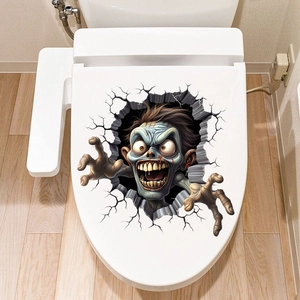 Detailed 3D zombie wall sticker on a white toilet lid for creative Halloween bathroom decor