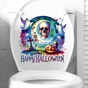 Waterproof Halloween toilet lid sticker with skull, pumpkin, and ghost designs