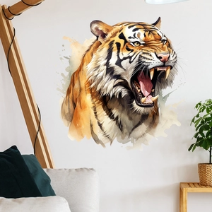 Detail of artistic watercolor tiger wall sticker with vibrant orange and black brushstrokes