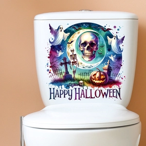 Close-up of Halloween toilet decals featuring watercolor skull, pumpkin, and ghost designs
