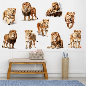 Detailed realistic lion wall stickers in hand-drawn style shown in a modern living room