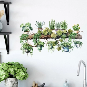 Detailed wall sticker featuring watercolor potted plants and hanging vines on a wooden branch