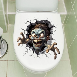 3D realistic zombie monster decal applied on a white toilet lid for Halloween decor