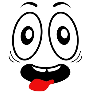 Detail view of creative smiley face wall sticker with big eyes and a red tongue