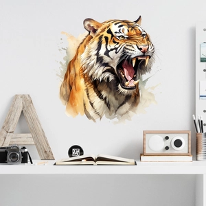 Detail of artistic watercolor tiger wall sticker showing fierce roaring head in home decor