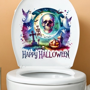 Macro detail of waterproof Halloween toilet lid sticker with watercolor skulls and ghosts