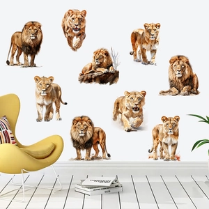 Realistic lion wall stickers for living room decor featuring multiple wild lion poses