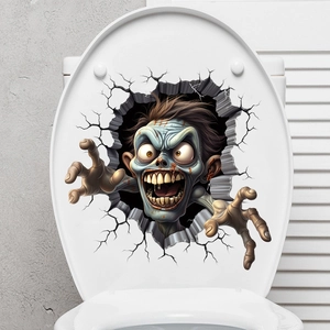 Detailed 3D wall-breaking zombie sticker on a white toilet lid for Halloween decor