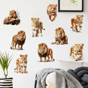 Detailed realistic lion wall stickers featuring various poses for living room decor