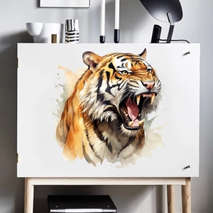Close-up of a fierce tiger wall sticker in a minimalist Nordic style living room setting