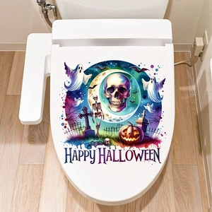 Detail of waterproof Halloween toilet sticker featuring skull, ghosts and pumpkins