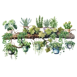 Detailed watercolor wall sticker featuring monstera and succulents on a rustic wood log