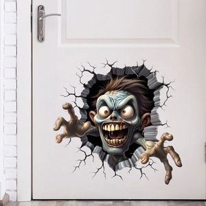 Detail showing a 3D Halloween wall sticker of a zombie breaking through a white wooden door