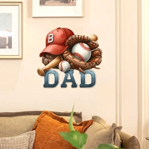 Detail of baseball themed wall decal featuring red hat and bat above a sofa