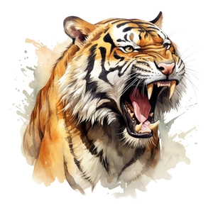 Detail of fierce tiger head watercolor wall sticker with roaring expression and sharp teeth