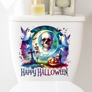 Detail of waterproof Halloween toilet sticker featuring skeleton, pumpkin, and ghost designs