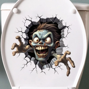 3D cracked wall zombie skull sticker showing realistic texture on a white toilet lid