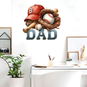 Self-adhesive baseball themed wall decal featuring bats gloves and 3D DAD text for home decor