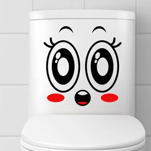 Funny cartoon smiley face wall sticker on a white ceramic toilet tank for home decoration