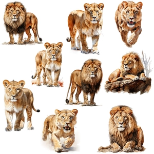 Self-adhesive lion wall decals featuring 9 realistic golden lions for home decoration