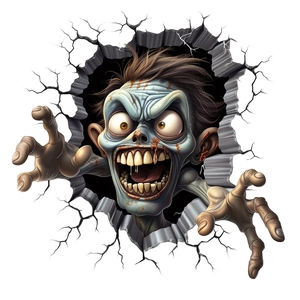 3D cracked wall decal with a realistic cartoon zombie head for Halloween decoration
