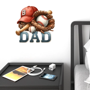 Detail of baseball theme wall sticker with red cap, leather glove, bat and DAD lettering