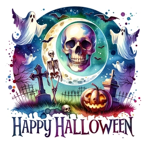 Detailed watercolor Halloween wall decals with skulls, pumpkins and bats on white background