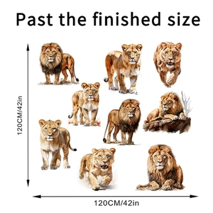 Detailed sheet of realistic lion wall decals with diverse poses and size markings