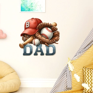 Close-up of baseball themed wall sticker featuring a glove, bat, and Dad typography