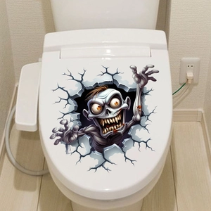 3D realistic zombie decal showing a scary figure breaking through white toilet lid cover