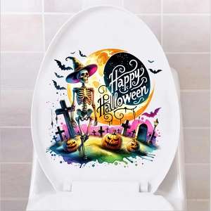 Detail of Halloween toilet sticker with watercolor skull, pumpkin, and bats on white lid