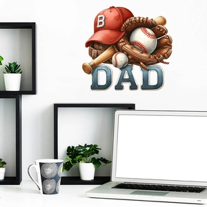 Detail showing baseball hat and bat wall stickers in a modern home office setting