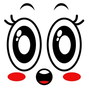 Detail of cute kawaii smiley face sticker with big eyelashes and red rosy cheeks