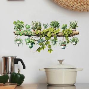 Kitchen wall decor featuring watercolor potted plants and tree stump stickers